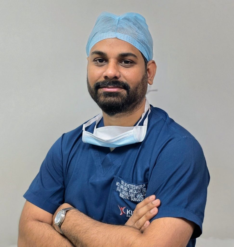 Dr. Likhiteswer Pallagani — Consultant Urologist & Robotic Surgeon at KIMS Hospital, Hyderabad, in surgical attire