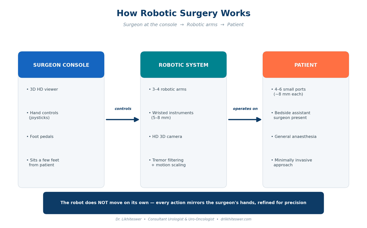 Workflow diagram of robotic surgery showing the connection between surgeon console, robotic system, and patient