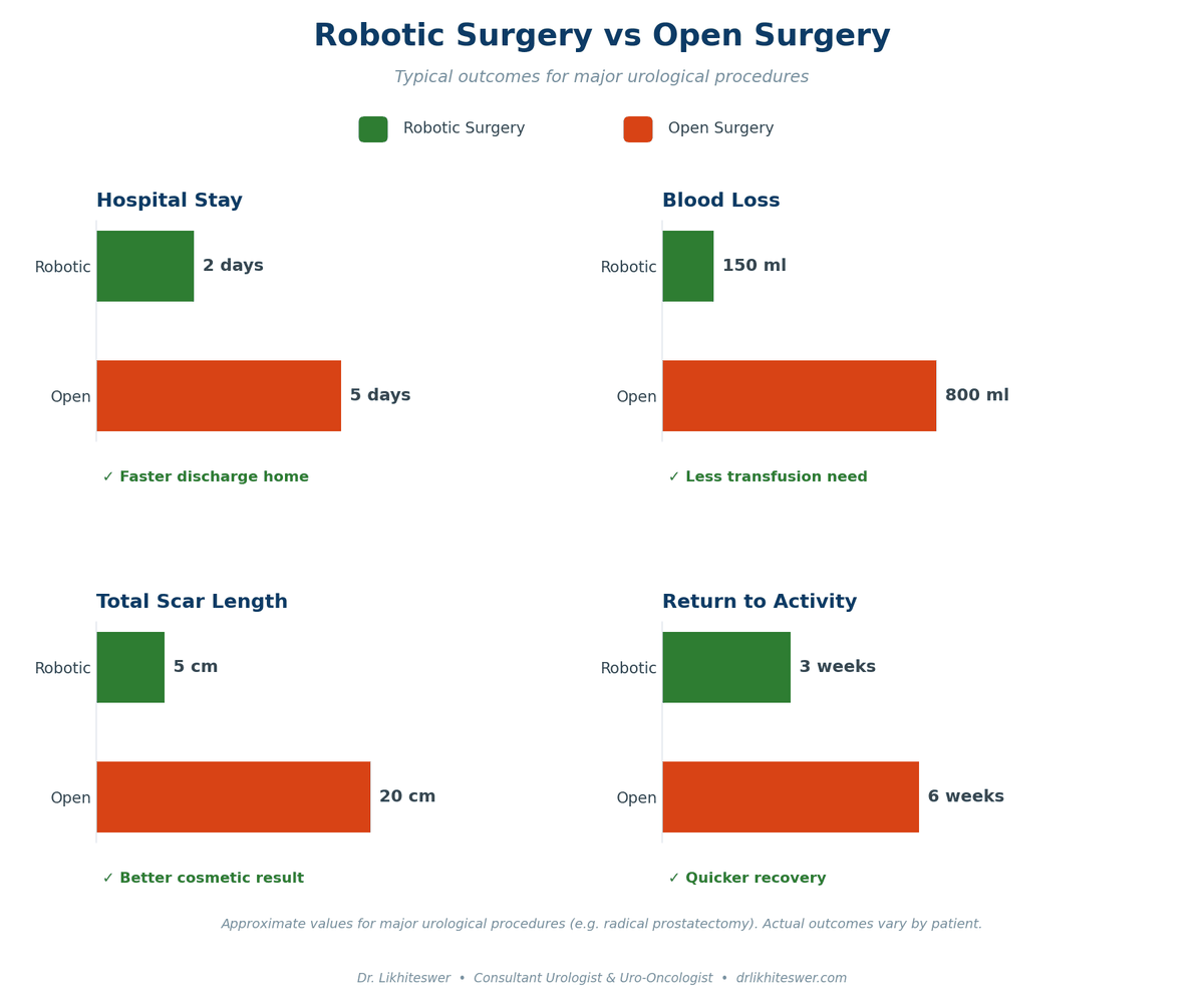 Comparison chart showing robotic surgery versus open surgery across hospital stay, blood loss, scar size, and recovery time