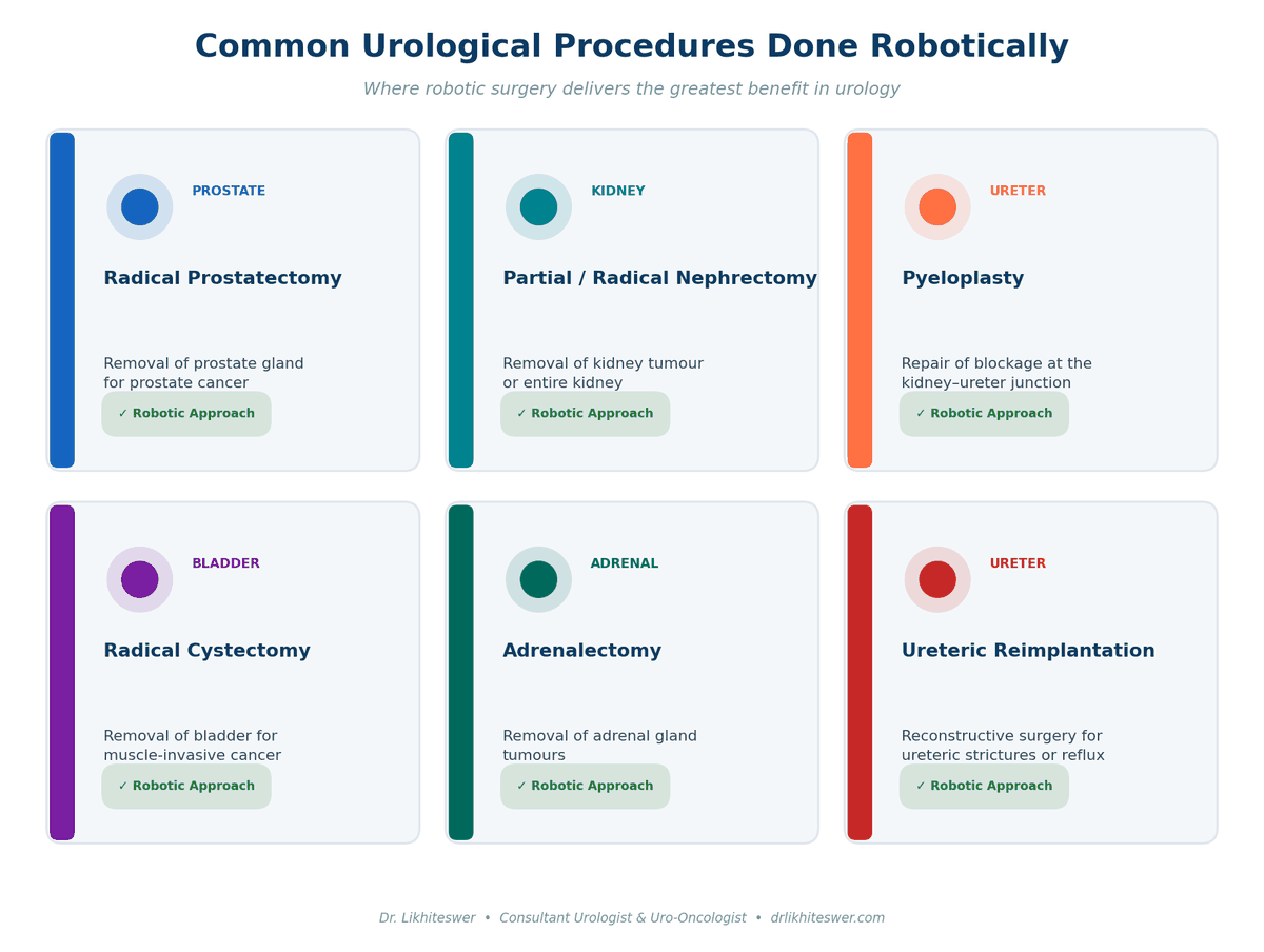 Infographic showing common urological robotic procedures including radical prostatectomy, nephrectomy, pyeloplasty, cystectomy, adrenalectomy, and ureteric reimplantation
