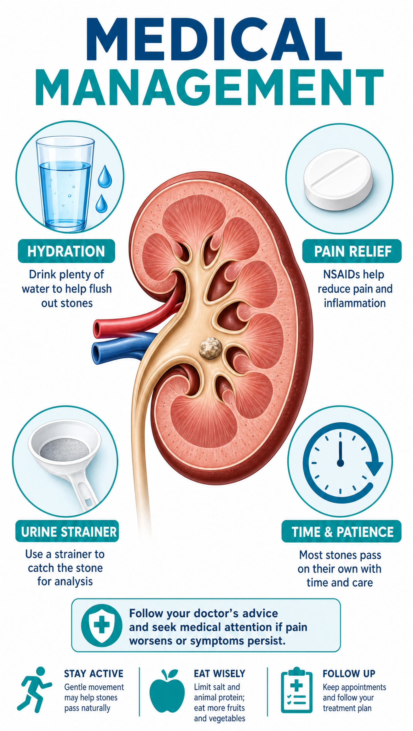 Infographic showing medical management of kidney stones: hydration, pain relief, urine straining, and time and patience