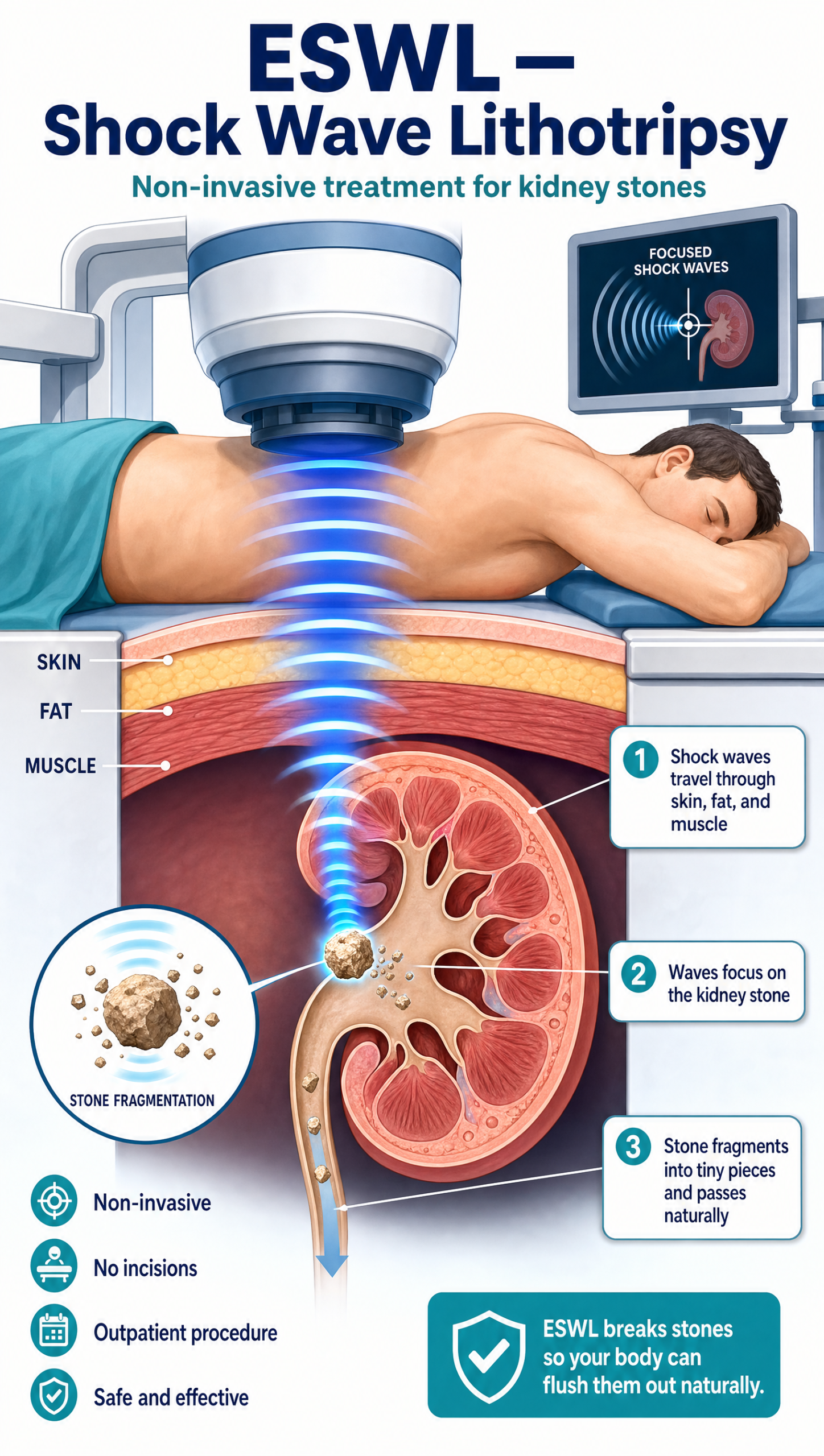 Infographic showing Extracorporeal Shock Wave Lithotripsy (ESWL) for kidney stones