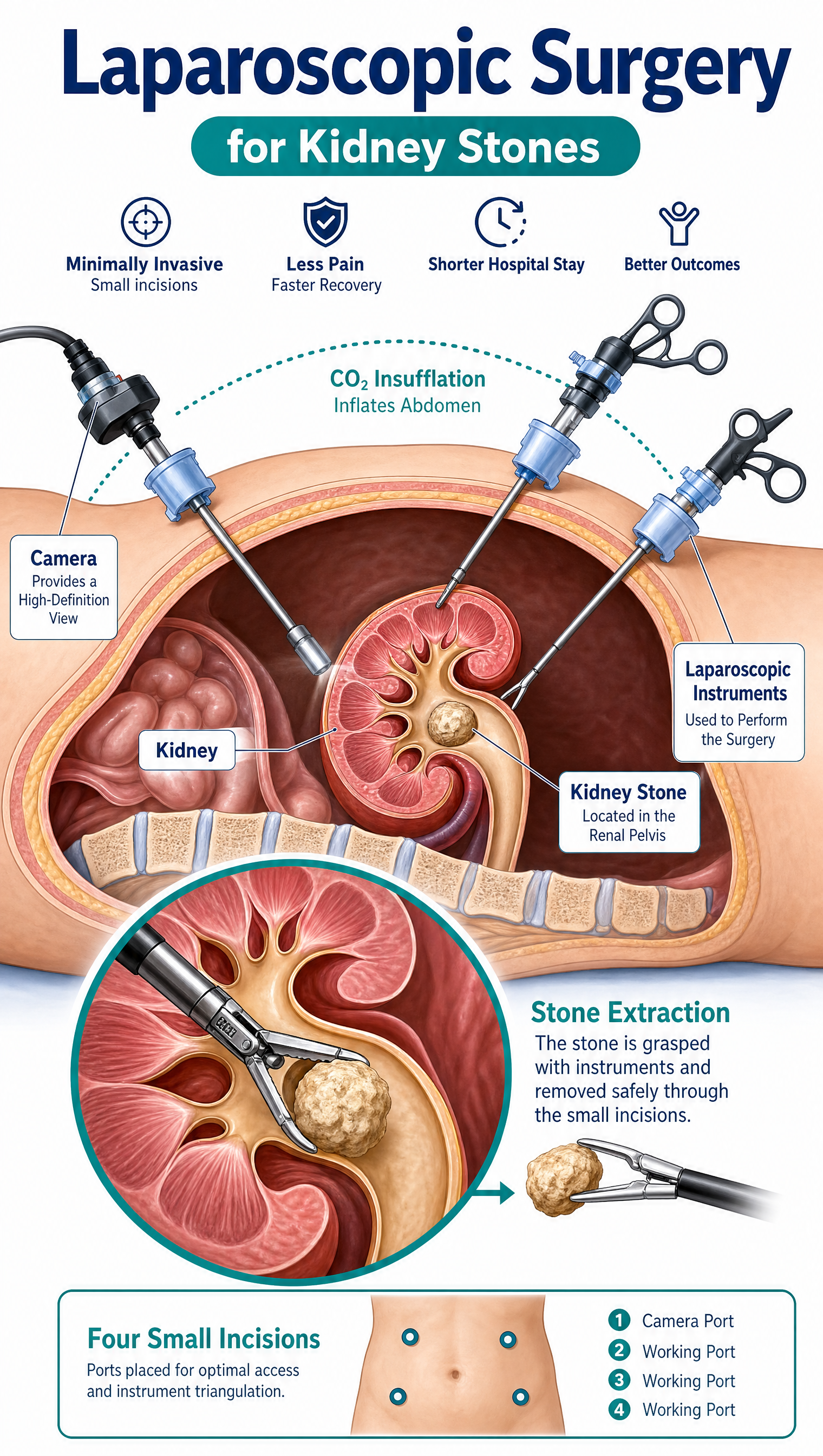 Infographic showing laparoscopic and open surgery for complex kidney stones